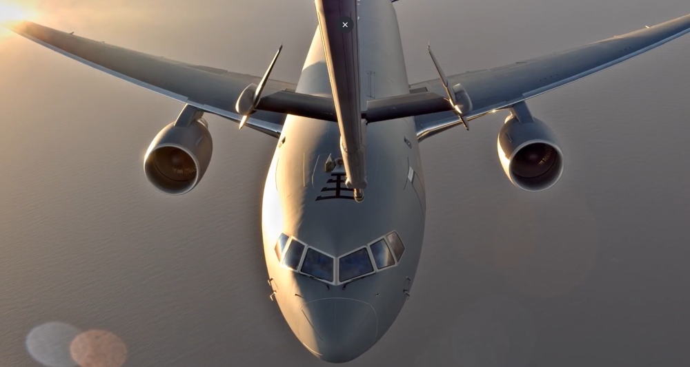 A KC-46 seen from the remote vision system of another KC-46 during a flight test. Credit: Boeing