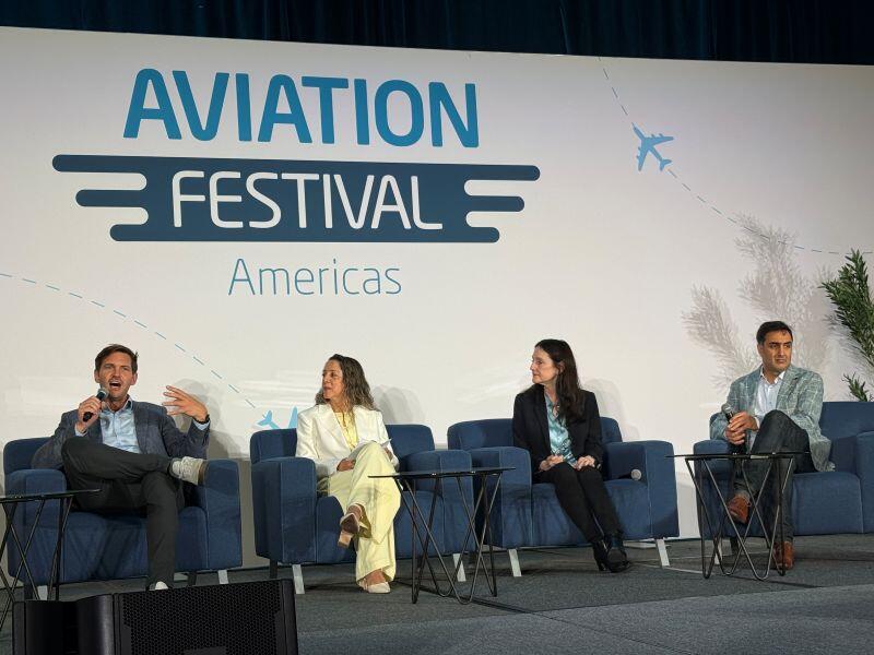 Oneworld director sustainability and innovation Matthew Ridley; Miami-Dade Aviation Department aviation special advisor energy and resilience Patricia Gomez Acevedo; American Airlines VP sustainability Jill Blickstein; and Alaska Airlines head of corporate development Pasha Saleh.