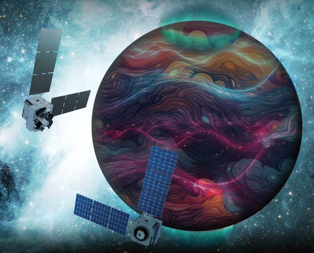 Artist’s rendition of the DAPHNE (Dynamic Atmosphere-Ionosphere Explorer) mission concept. The coloring represents auroras and atmospheric waves in Earth’s atmosphere. Credit: Laboratory for Atmospheric and Space Physics/Mary Tostanoski