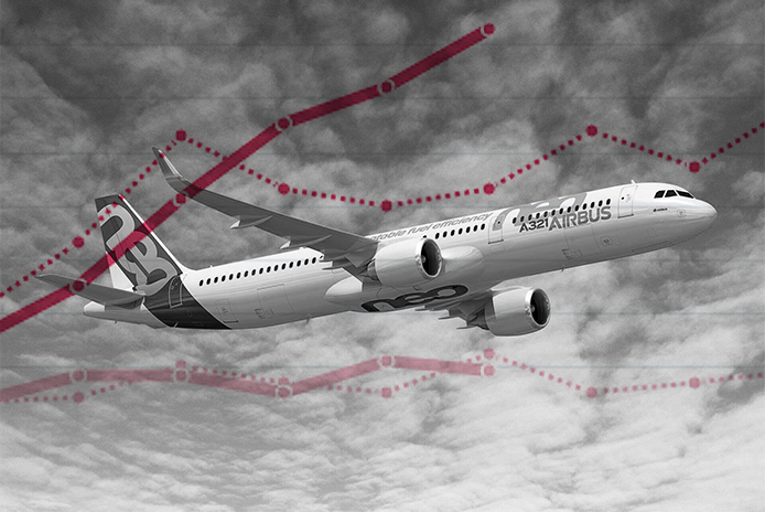 Airbus A320neo flying against line graph