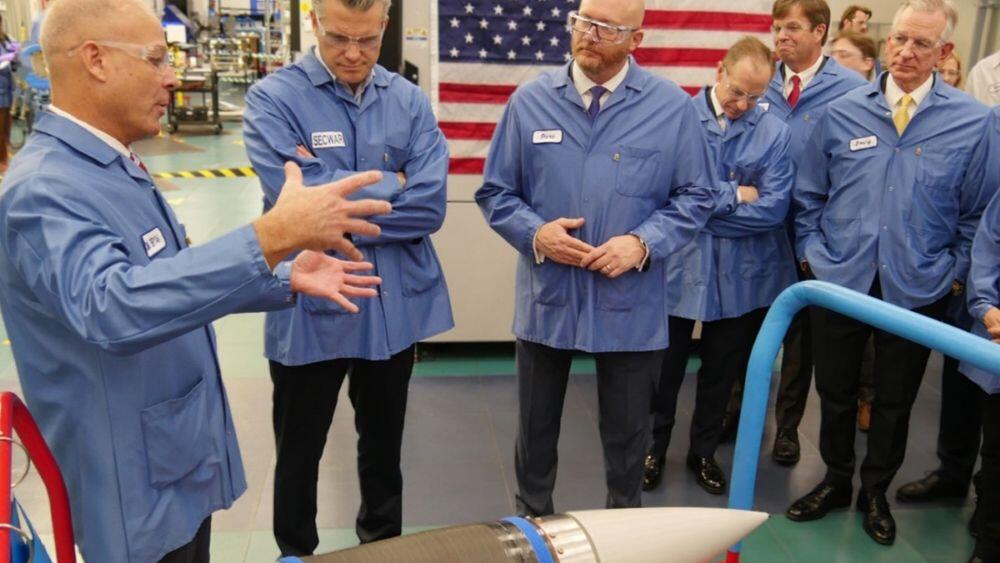 Boeing Defense CEO Steve Parker, center, with Defense Secretary Pete Hegseth, second of the left, during a visit to the company’s Huntsville, Alabama, facility. Credit: Boeing