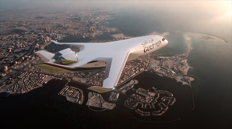 jetzero bwb in gulf air livery rendering