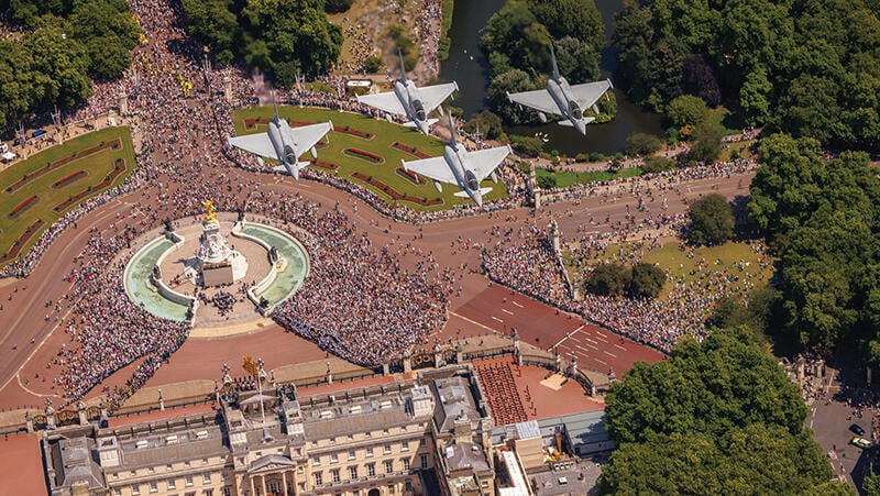 Eurofighter Typhoons flying over crowds in London