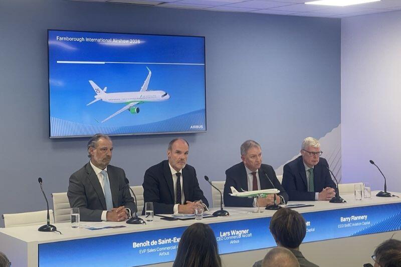 (L-R): Benoît de Saint-Exupéry, Airbus EVP Sales of the Commercial Aircraft; Lars Wagner, CEO Commercial Aircraft Airbus;  SMBC Aviation Capital CEO Peter Barrett; Barry Flannery, CCO at SMBC Aviation Capital.