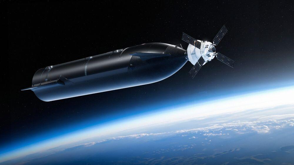 Credit: SpaceX/NASA Caption: Artist’s rendering of a Starship spacecraft docked with NASA’s Orion capsule