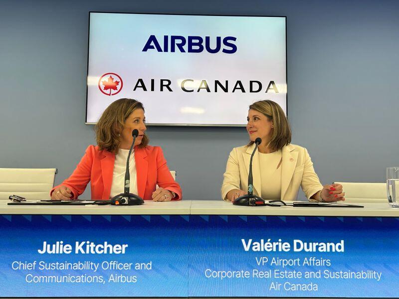 (L to R): Airbus chief sustainability officer Julie Kitcher and Air Canada VP for airport affairs, corporate real estate and sustainability Valerie Durand.