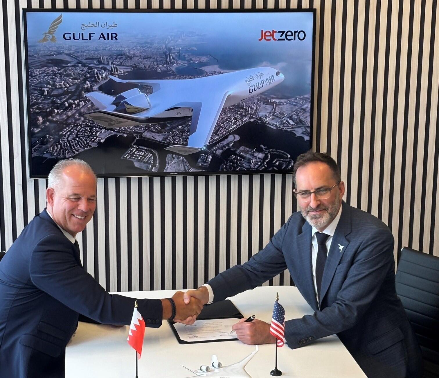 Gulf Air CEO, Martin Gauss (left) and JetZero CEO and co-founder Tom O’Leary mark the airline’s commitment to the new-generation aircraft. 