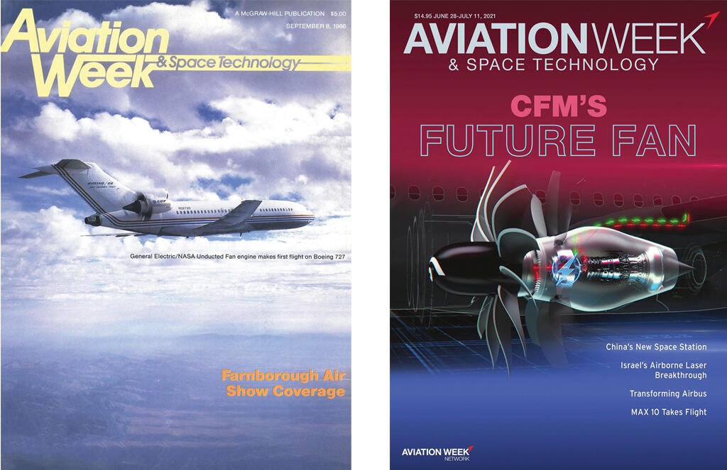 left: Boeing 727 flying with GE unducted fan; right: concept of CFM open fan