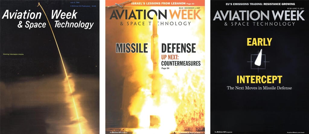 left: ballistic missile being intercepted; center: missile being launched; right: target in crosshairs of infrared seeker