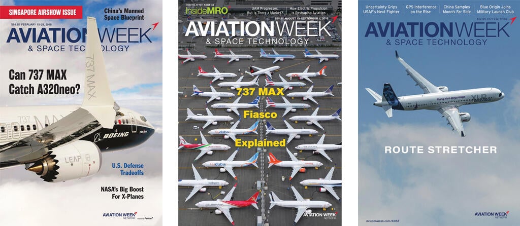 left: concept art of Boeing 737 MAX; center: many 737 MAX aircraft on ground; right: Airbus A321XLR flying