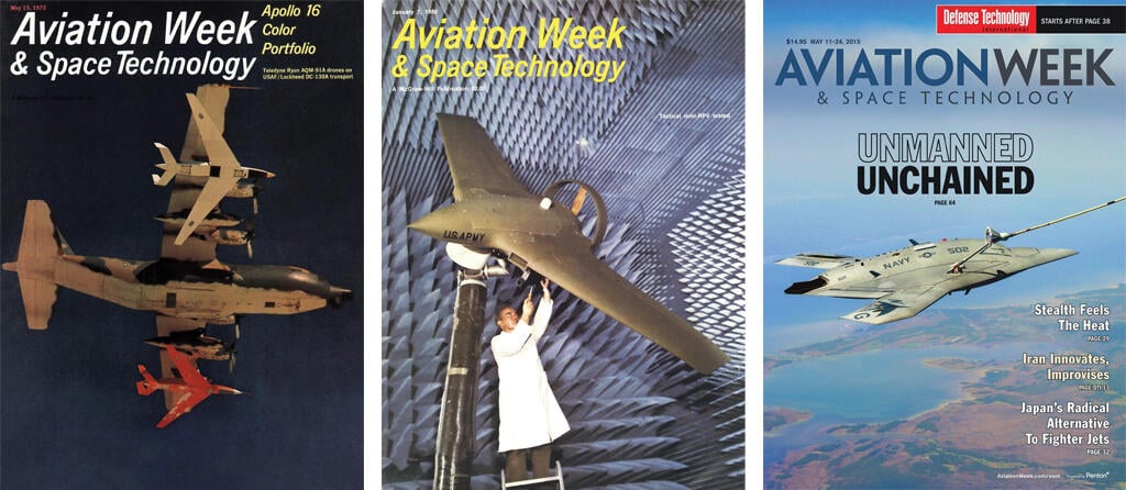 left: Lockheed DC-130 carrying drones; center: U.S. Army drone inside anechoic chamber; right: Northrop Grumman X-47B flying