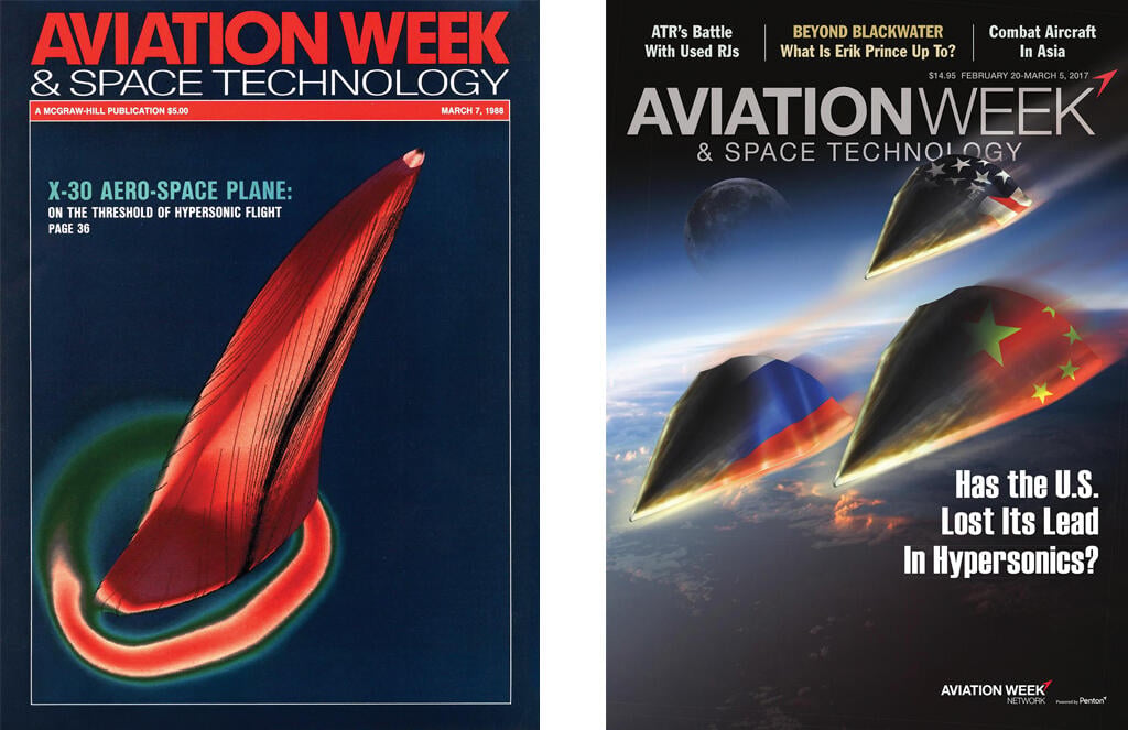 left: aerodynamic modeling of X-30; right: concept of hypersonic aircraft with russian and chinese flags leading and U.S. flag trailing