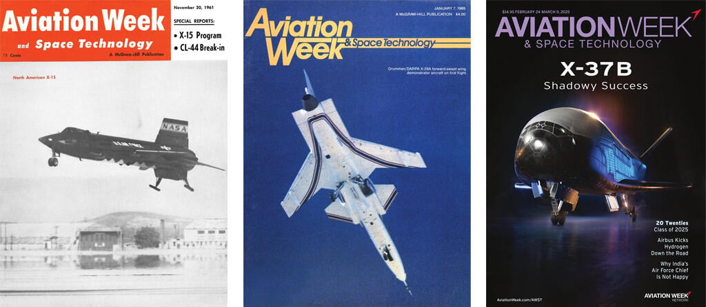 left: North American X-15; center: Grumman X-29A; right: Boeing X-37B