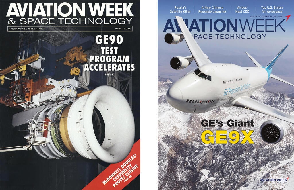 left: General Electric GE90; right: Boeing 747 flying testbed with GE9X