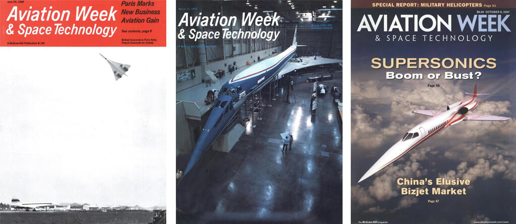 left: Concorde flying high; center: Boeing 2707-300; right: Aerion AS2