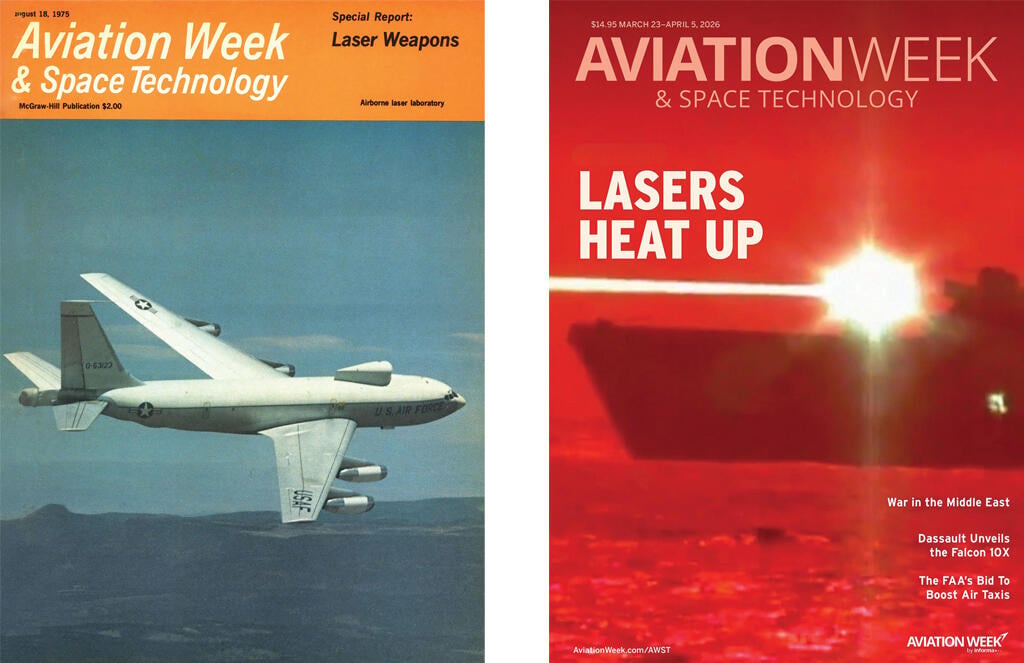 left: Boeing NKC-135A; right: laser being fired from ship
