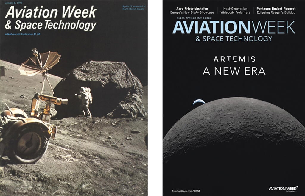 left: cover with astronaut on moon; right: view of moon with earth in distance