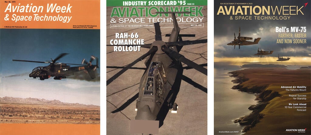 left: Lockheed AH-56 helicopter, center: Boeing-Sikorsky RAH-66 helicopter; right: Bell MV-75 helicopter