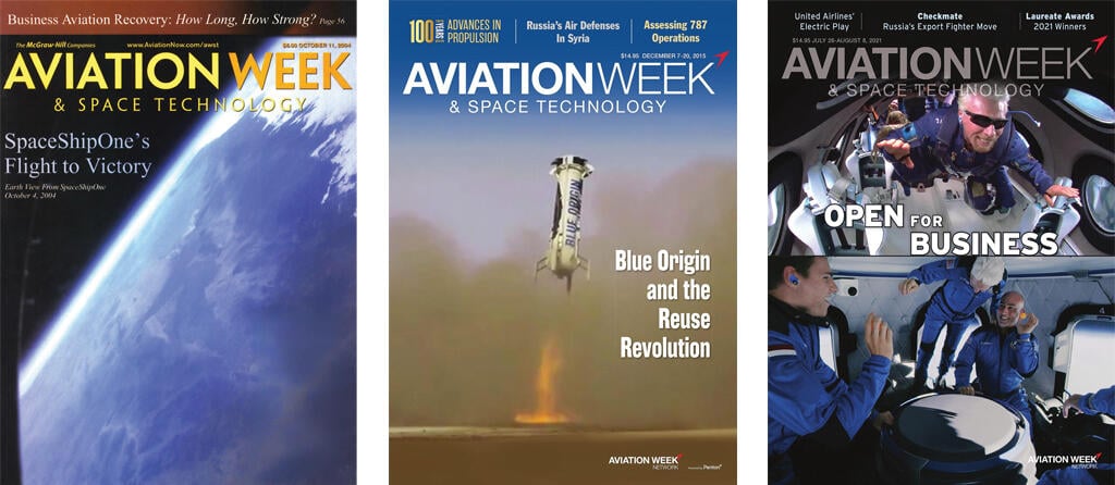 left: earth viewed from space; center: blue origin rocket launching; right: Richard Branson and crew in spacecraft