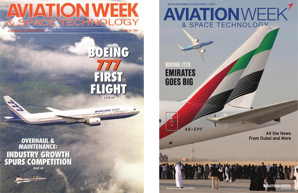 left: Boeing 777 flying; right: tail of Emirates Boeing 777X