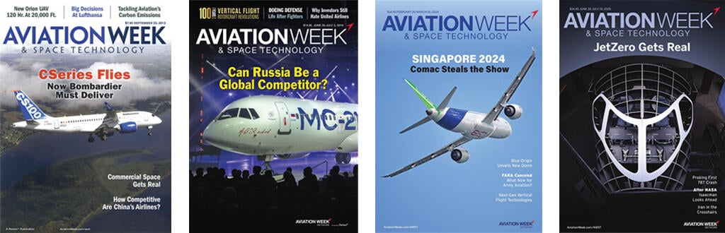 first: Bombardier CS100 flying; second: MC-21 aircraft on display before crowd; third: view of Comac C919 from below; fourth: concept of JetZero aircraft cockpit