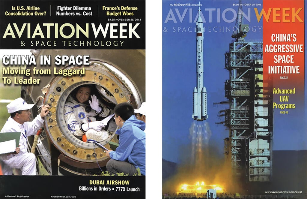 left: chinese astronaut waving from inside reentry capsule; right: long march rocket launching