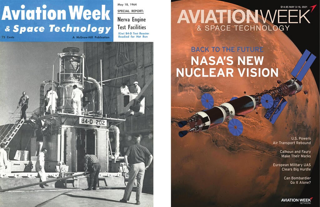 left: Kiwi-B4 nuclear thermal rocket reactor; right: nuclear propulsion spacecraft concept