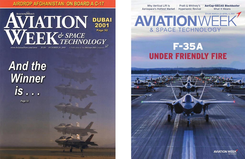 left: Lockheed Martin F-35 Lightning II landing; right: F-35As on aircraft carrier