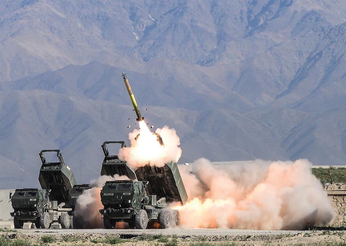 Guided Multiple Launch Rocket System being fired