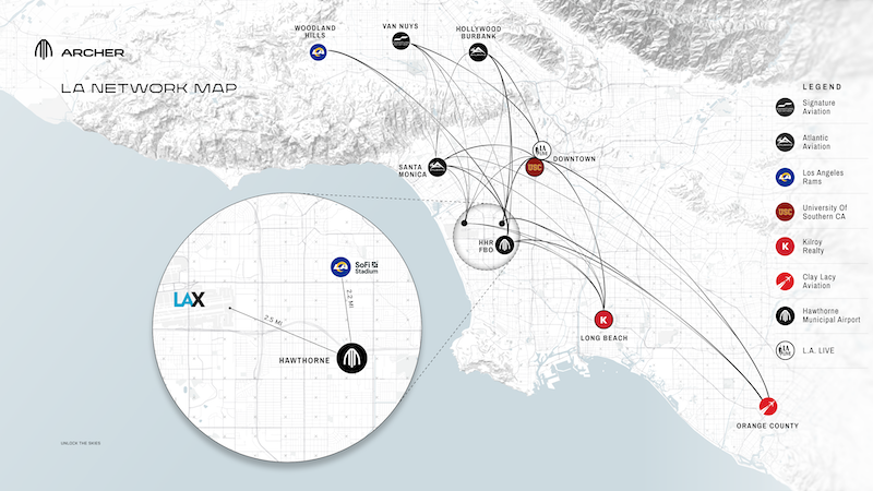map of archer’s planned los angeles area vertiport network