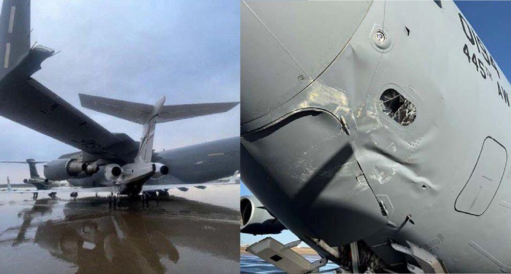 Photographs showing damage to a U.S. Air Force C-17 in March 2025. Credit: U.S. Air Force