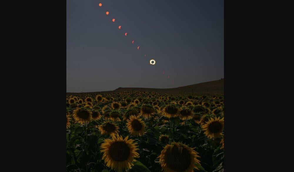 Credit: Bill Ingalls/NASA  Caption: A composite image showing the progression of a total solar eclipse over San Millan de los Caballeros, Spain on Aug. 12.