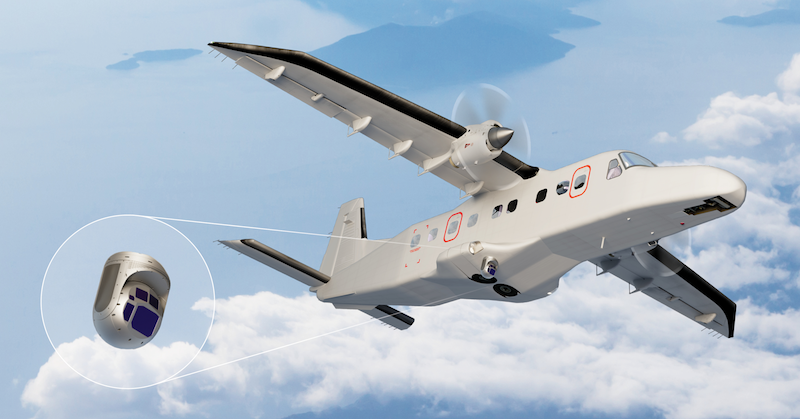 aircraft with circular inset magnifying its underside sensor
