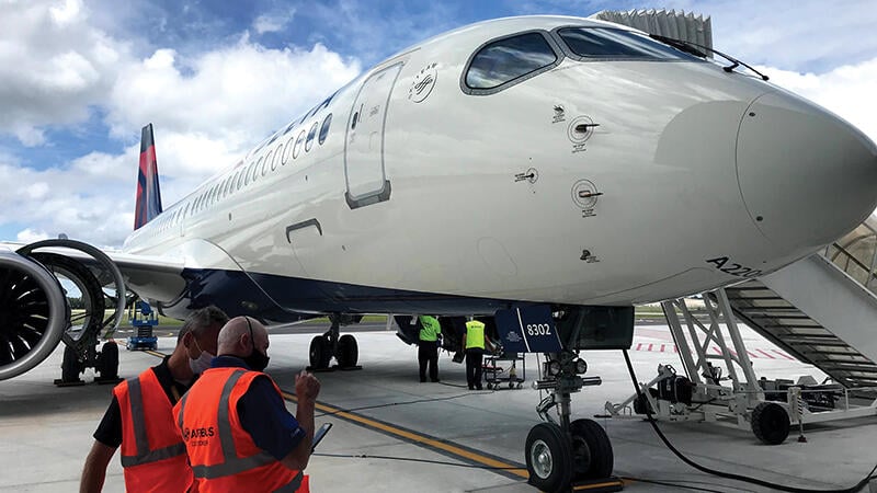 Delta Air Lines Airbus A220 parked on the tarmac during ground operations