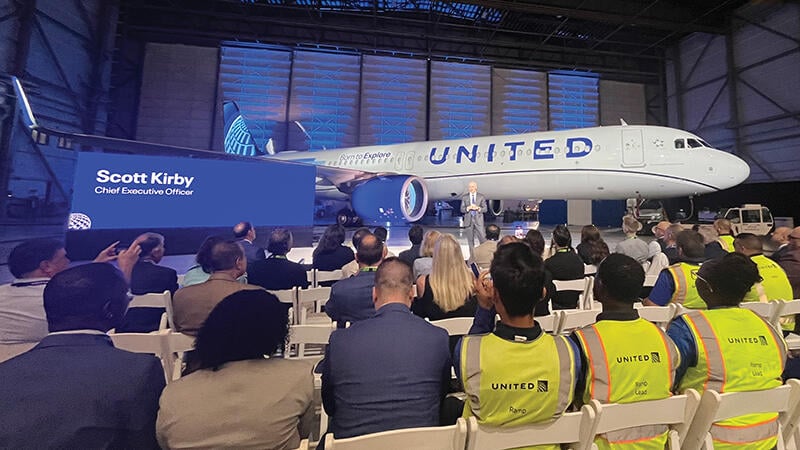 Scott Kirby speaking in front of United A321XLR before crowd