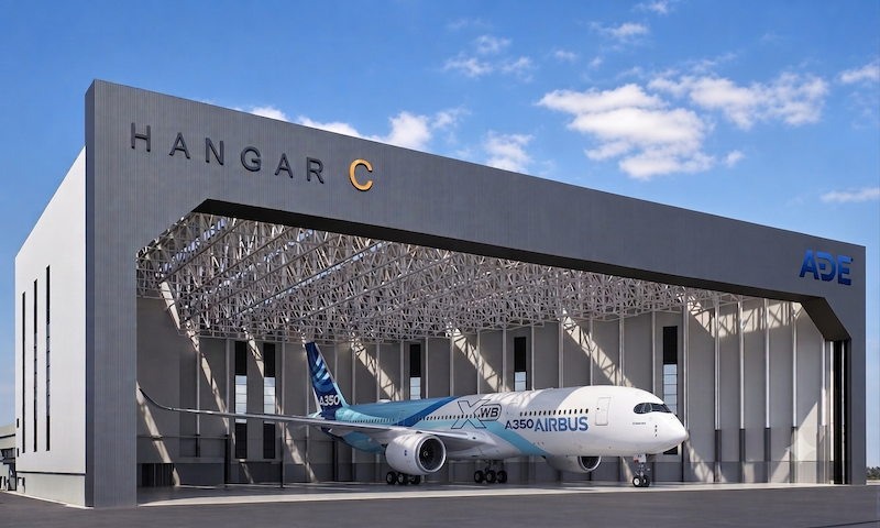 rendering of an airbus A350 aircraft sitting in ADE's hangar C