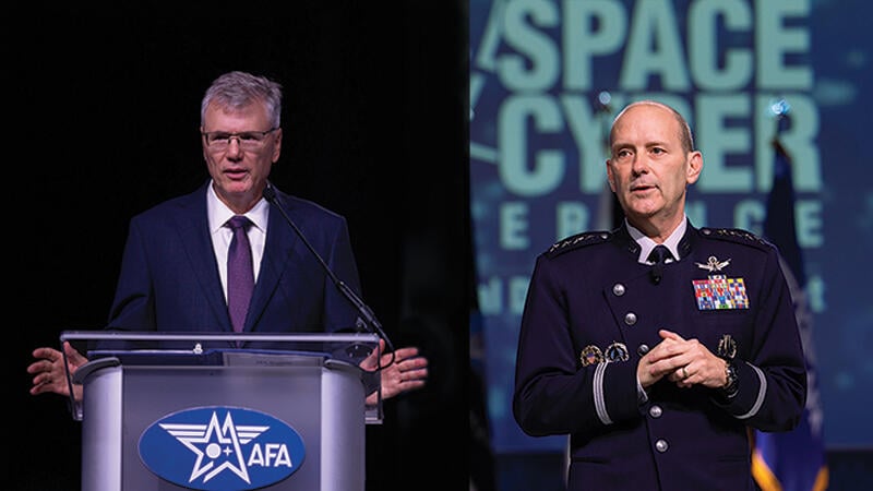 Air Force Secretary Troy Meink (left) and Chief of Space Operations Gen. Douglass Schiess