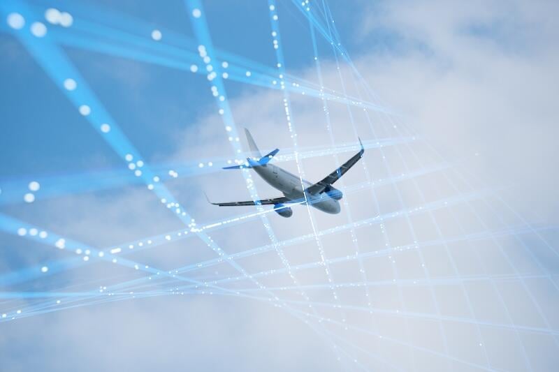 aircraft in flight with network lines