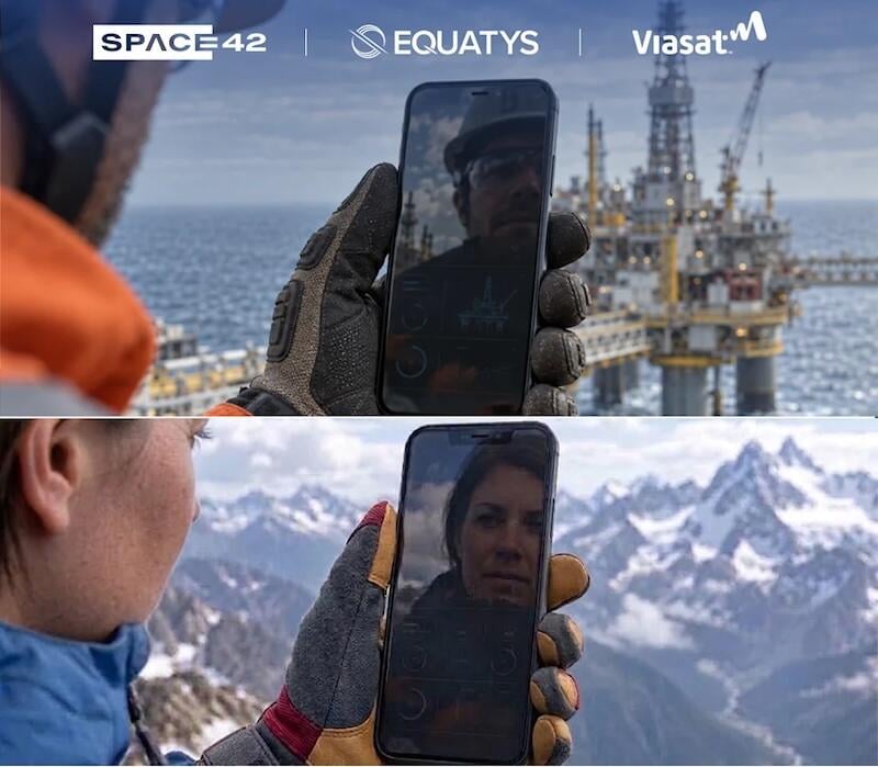 split image of two workers holding smartphones against offshore oil platform and snow-capped mountains