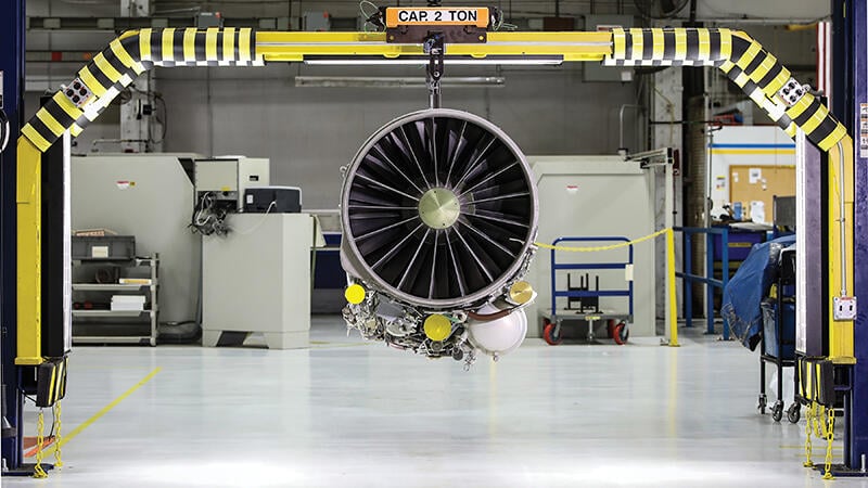 GE F110 engine hanging in facility