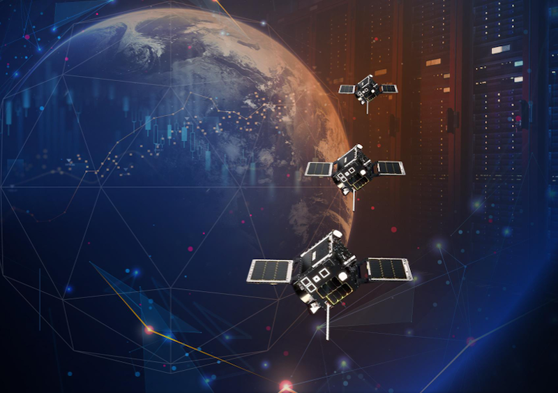 three satellites orbit Earth against dark digital network backdrop