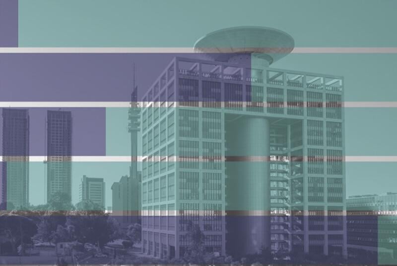 building with bar chart overlay