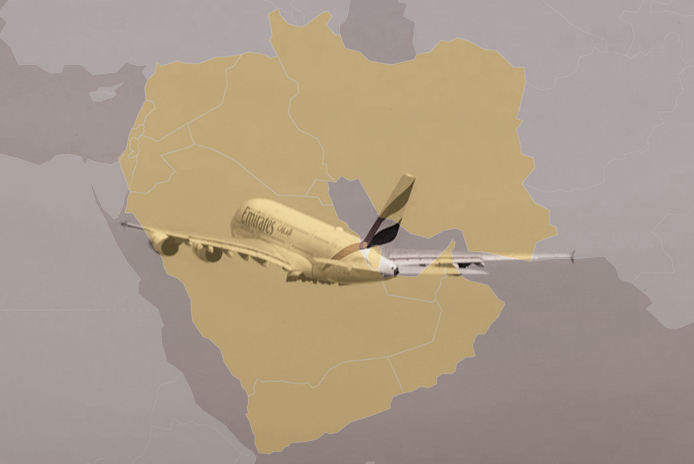 Emirates Airbus A380 on Middle East map graphic