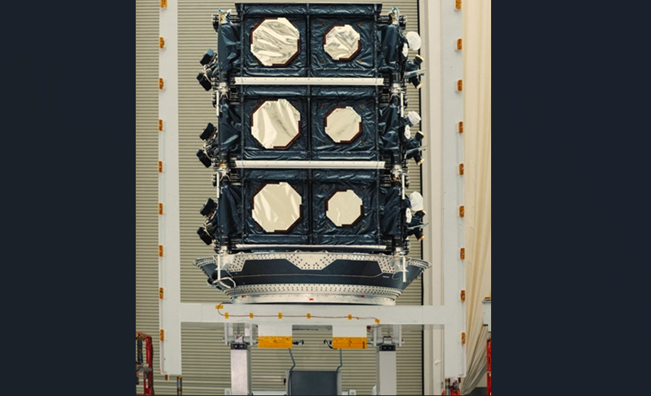 : The satellites O3b F11, F12 and F13 stacked atop each other before being transferred from Boeing's satellite factory in El Segundo, California, to Cape Canaveral SFS. Credit: Boeing