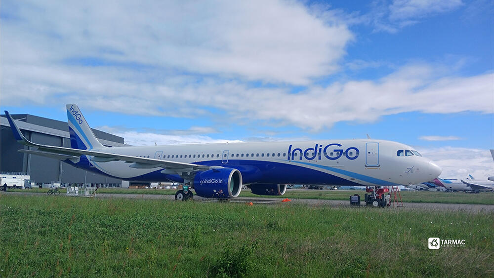 IndiGo aircraft in front of Tarmac Aerosave hangar