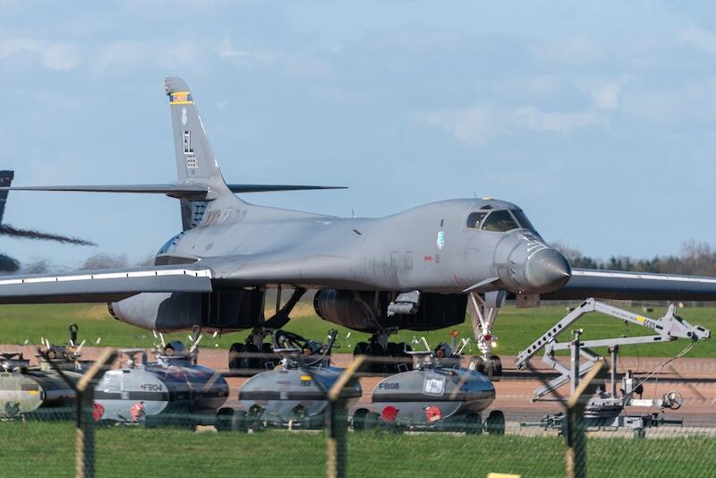 US Air Force Rockwell B-1B Lancer bomber plane taxiing for take off at RAF Fairford