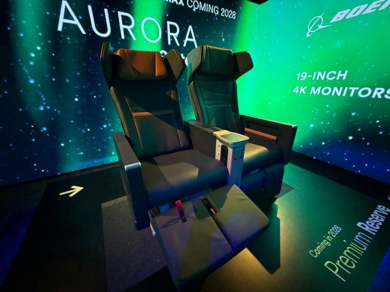 A demonstration of Alaska Air Group’s new Premium Reserve cabin during its 2026 Media and Investor Day in Seattle. The new premium economy product will debut across both Alaska Airlines and Hawaiian Airlines beginning in 2028, with seats available for booking in summer 2027.