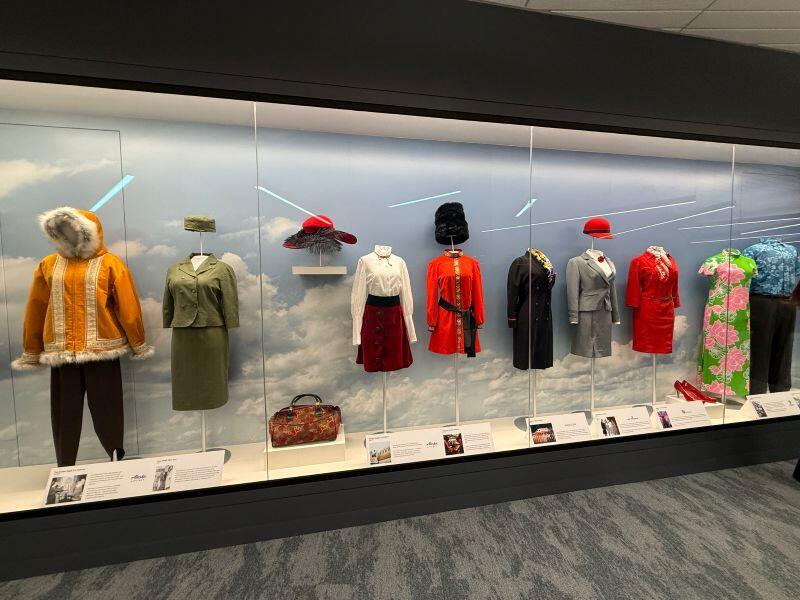 Alaska's GTC boasts an impressive collection of airline history memorabilia, including this display of historic Hawaiian and Alaska cabin uniforms.