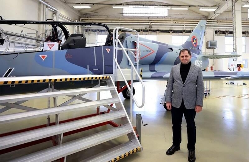 defense minister suren papikyan in front of l-39ng skyfox aircraft
