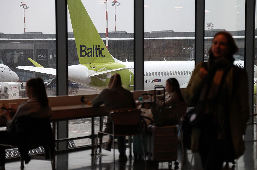 AirBaltic tail viewed from airport terminal